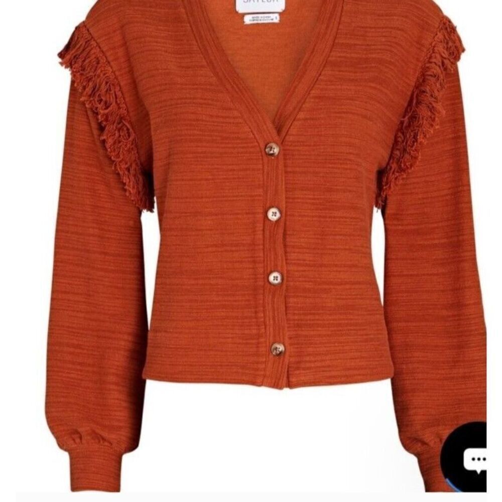 Saylor Sweater Cardigan Large Orange Fringed Accent V-Neck Button‎ Front Cropped